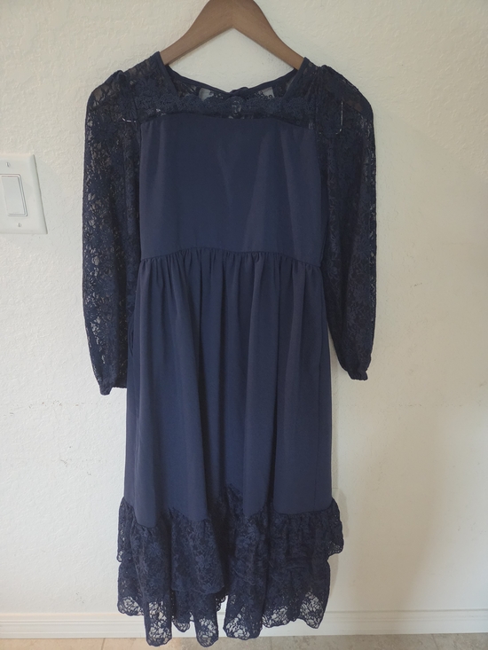 No Brand Other - Girls XL Navy Blue Lace Overlay Dress Long Sleeve Tiered Ruffle Hem Whimsigoth